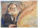 PORTRAIT DE PIERRE RESTANY by Jan Vanriet, 1986, Aquarelle, crayon et collage sur papier signé, sold Oct 2015
