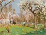 Personnage sous les arbres en fleurs by Pierre Eugène Montézin, Aquarelle et gouache, sold Oct 2015
