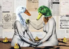 Oil spill on golden pond by Vinz Feel Free, 2015, Gouache, encre et collage sur bois, sigle de l'artiste et signé en bas à droite et sigle d, sold Jun 2015