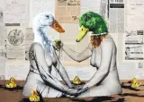 Oil spill on golden pond by Vinz Feel Free, 2015, Gouache, encre et collage sur bois, sigle de l'artiste et signé en bas à droite et sigle d, sold Jun 2015