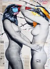 Shut your beck and kiss me by Vinz Feel Free, 2015, Gouache, encre et collage sur bois, sigle de l'artiste et signé en bas à droite et sigle d, sold Jun 2015