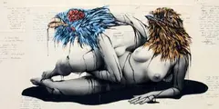 Fracking: Cupyd and Psyche in oil by Vinz Feel Free, 2014, Gouache, encre et collage de papier sur bois, sold Dec 2014