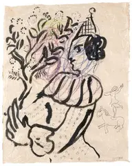 Le clown au bouquet de fleurs by Marc Chagall, 1958, Encre et crayons de couleurs sur papier, sold Nov 2023