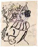 Le clown au bouquet de fleurs by Marc Chagall, 1958, Encre et crayons de couleurs sur papier, sold Nov 2023