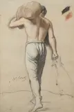 Etude d'homme de dos portant un baluchon sur l'épaule by Jean Victor Schnetz, Fusain et sanguine sur papier, sold Nov 2023