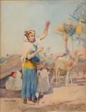 Jeune fileuse orientale près d'un campement by Paul Leroy, Aquarelle, sold Nov 2023