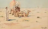 Chamelier et chameaux dans le désert by René Charles Edmond His, Aquarelle, sold Nov 2023