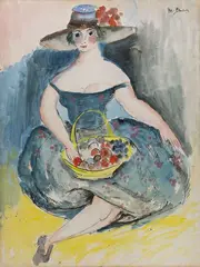 Jeune femme au chapeau et à la corbeille de fruits by Madeleine Berly-de Vlaminck, Aquarelle et gouache sur isorel, sold Sep 2023