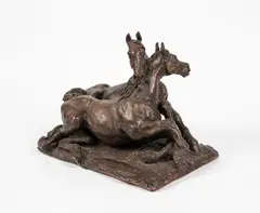 Douceur des près [deux chevaux couchés] by Robert Godefroy, Terre cuite patinée façon bronze, sold Sep 2023