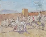 Fes, souk EL Khemis by Armand Cultrera de Montalbano, 1942, Encre, aquarelle et gouache, sold Dec 2023
