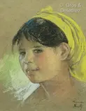 Petite fille d’Algérie au foulard jaune by Francisque Noailly, Pastel sur papier grège, sold Dec 2023