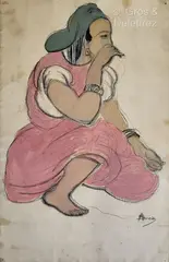 Jeune femme accroupie by André Suréda, Mine de plomb et gouache sur papier, sold Dec 2023