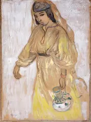 Femme à la robe jaune portant une cruche by André Suréda, Mine de plomb et gouache sur papier contrecollé sur carton, sold Dec 2023