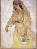 Femme à la robe jaune portant une cruche by André Suréda, Mine de plomb et gouache sur papier contrecollé sur carton, sold Dec 2023
