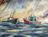 Goélettes / Boats by Yvon Breton, Huile et collage sur toile, sold Feb 2023