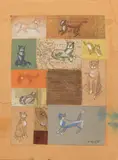 Chats by Bela de Kristo, Technique mixte et collage sur carton signé en bas à droite, sold Jun 2021