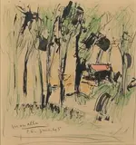 Maison entre les arbres, 26 juin 1945 by Fikret Mualla Saygı, Encre et crayons de couleurs signé et daté en bas à gauche, sold Jun 2021