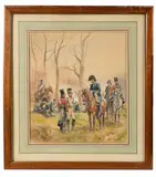 Général et hussards du 4e régiment interrogeant des prisonniers bavarois by Maurice Toussaint, Aquarelle et rehauts de gouache signée en bas à droite, sold Oct 2025