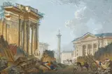 Caprice architectural animé by Pierre-Antoine Demachy, Gouache H_21,5 cm L_23,5 cm Annoté sur le montage «De Machy» Provenance: - Ancienne collec, sold Oct 2018