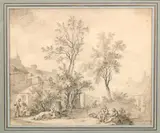 Scène de village by Charles Eschard, Crayon noir et lavis gris, sold Jun 2018