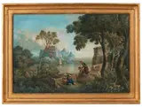Personnages devant une tombe en ruines dans un paysage fluvial by Louis-François Cassas, Plume et encre noire, aquarelle et gouache sur papier marouflé sur toile et monté sur châs, sold Jun 2018