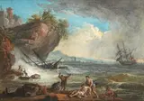 Scène de naufrage by Jean-Baptiste Lallemand, Gouache signée en bas sur le tonneau, sold Jun 2018