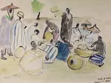 Les buveurs de Dolo à fada, N'goeuma by Monique Cras, Aquarelle et gouache signée en bas à gauche, sold Nov 2016