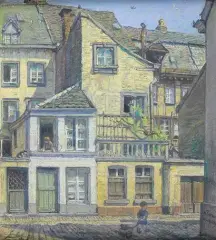 Les vieilles maisons au soleil rue du vieil hôpital à Verviers by Maurice Pirenne, 1929, Pastel signé et daté en bas à droite, sold Oct 2016