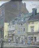 Les petites boutiques de la by Maurice Pirenne, Pastel signé en bas au milieu, sold Oct 2016