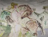 Femme au cheval et Homme aux chevaux by Emeric Gomery, Gouache sur papier signée en haut à droite et un dessin, sold Jul 2016
