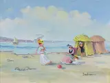 Plage animée by Marina Sedrac, Gouache signée en bas à droite, sold Apr 2016