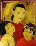 Vietnamienne et ses filles by Alix Aymé, Panneau de laque réhaussé d'or, sold Apr 2016