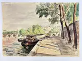 Péniches près de l'ile de la Cité by Andre Malterre, 1950, Encre et Aquarelle, sold May 2025