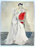 Elégante assise en robe blanche by Pierre Mourgue, Aquarelle et gouache sur papier cartonné, sold May 2025