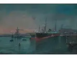 Hafenstadt mit Schiffen im Abendlichen Warmen Licht by Constantinos Volanakis, oil on canvas, offered Sep 2019