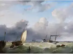 Segelboot und Schaufelraddampfer auf Bewegter see by Andreas Schelfhout, oil on panel, sold Mar 2026