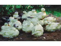 Weisse Enten am Teichufer by Alexander Koester, oil on canvas, offered Dec 2025