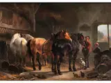 Pferdestall mit Reiter Beim Anspannen Eines Rappen by Wouter Verschuur d.Ä., oil on panel, offered Dec 2018