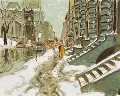 Sherbrooke Street West, Entre Bishop et McKay, Montréal by John Caruthers Little, 1962, oil on canvas, sold Mar 2023