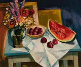 Still Life with Melon by Henri Leopold Masson, 1947, oil on board, sold Mar 2023