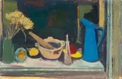 Stilleben mit blauer Kanne und provençalischem Mörser by Werner Laves, 1956, Öl auf Hartfaser, sold Nov 2010
