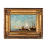 Harbor Scene with Figures by Eugene Gabriel Louis Isabey, Oil on panel, sold Jun 2025