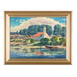 Chapel by the Lake by Leon Makielski, Oil on canvasboard, sold Jun 2025