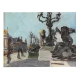 Parisian Bridge Scene with Figures by Caleb Arnold Slade, Oil on canvasboard, sold Jun 2025