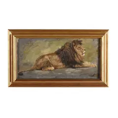 A Recumbent Lion by Géza Vastagh, Oil on mahogany panel, sold Jun 2025