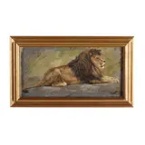 A Recumbent Lion by Géza Vastagh, Oil on mahogany panel, sold Jun 2025
