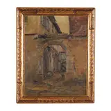 Courtyard with Chickens by H. Stübler, Oil on artist board, sold May 2025