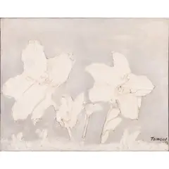 Fleurs blanches sous fond blanc by Thanos Tsingos, 1959, Huile sur toile, sold Jun 2023