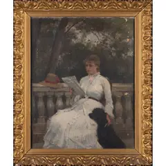 Jeune femme au chien by Dans le goût de James Tissot, Huile sur toile, sold Jul 2023