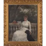 Jeune femme au chien by Dans le goût de James Tissot, Huile sur toile, sold Jul 2023